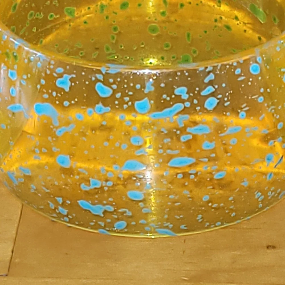 Chunky Amber Resin Bangle Bracelet Blue Splatter Wide Lucite Style 2.5 Inch